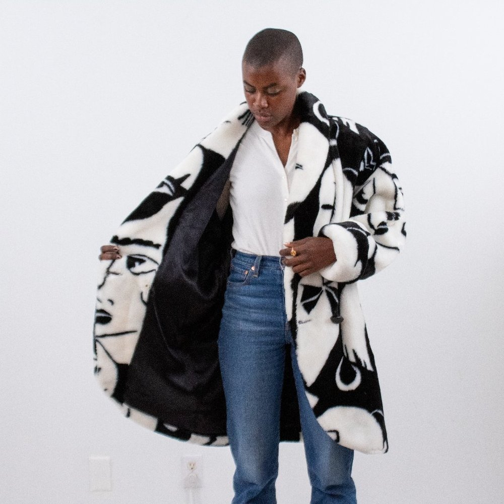 Vintage 80s L Faux Fur Faces Print Wrap Midi Coat - Picture 5 of 16